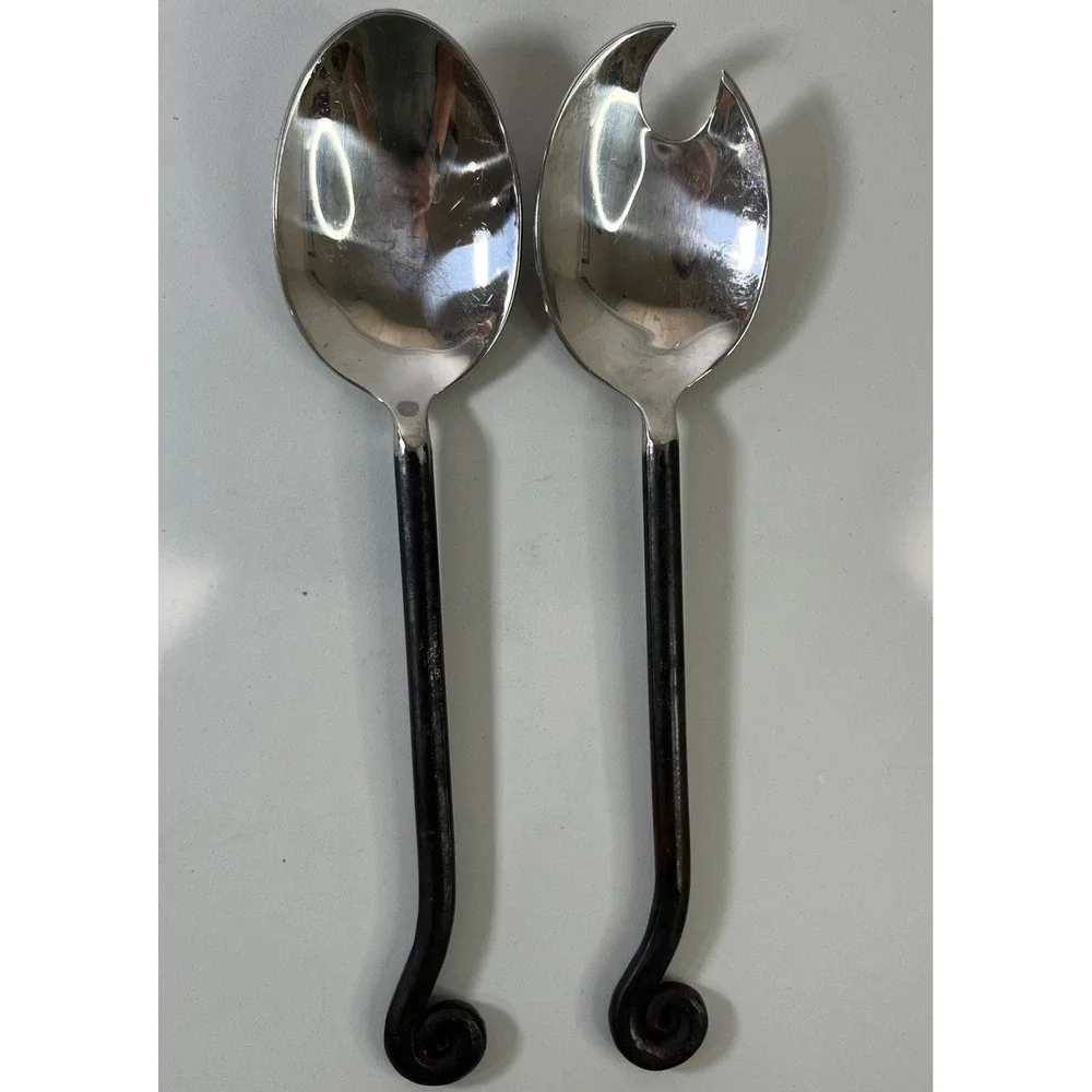 Vtg Pottery‎ Barn Serving Silver Blackened Fiddlehead Stainless Scroll Utensils